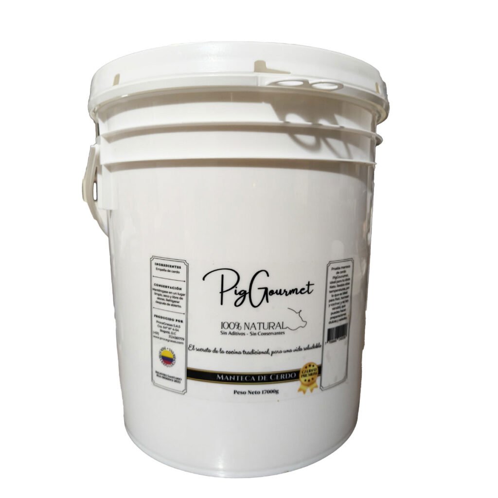 Manteca de cerdo 17 kilogramos. Presentación en tarro, ideal en la producción de galletas, bizcochos, empanadas, tortillas, panes y frituras