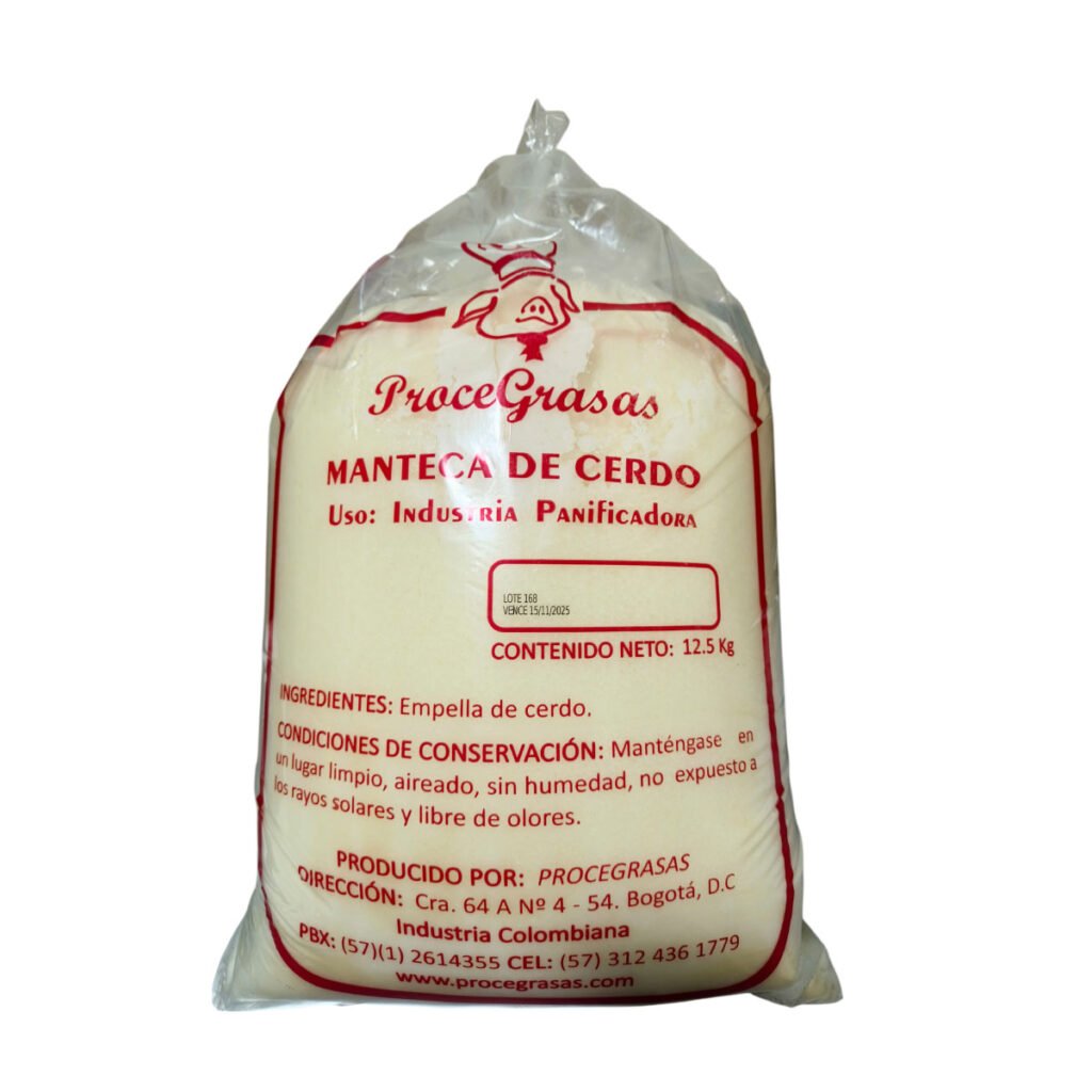 Manteca de cerdo industrial de 12.5 kilos. Ideal para panificación, frituras y alimentos procesados. Alta pureza y rendimiento térmico garantizado.