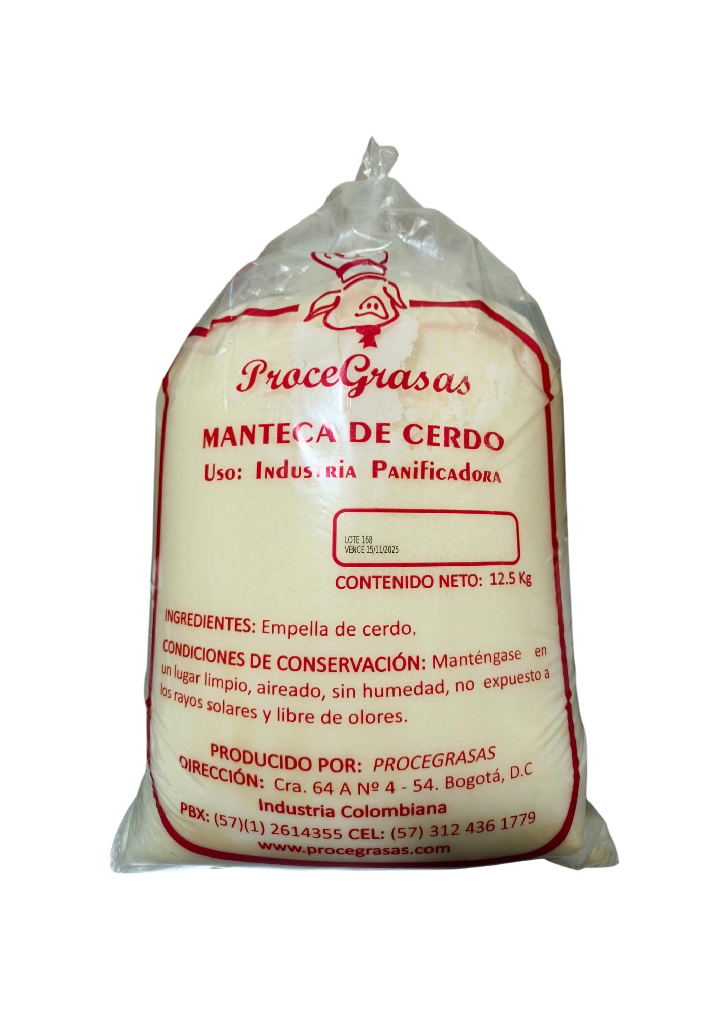 Manteca de cerdo industrial de 12.5 kilos. Ideal para panificación, frituras y alimentos procesados. Alta pureza y rendimiento térmico garantizado.