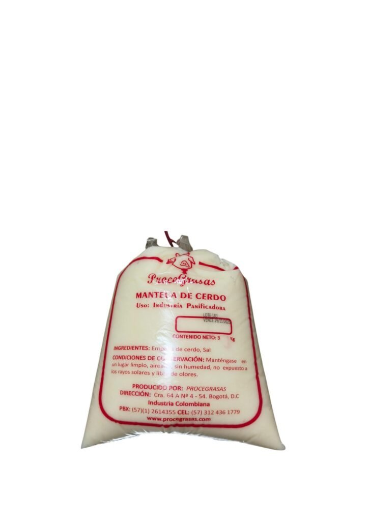 Manteca de cerdo industrial de 3 kilos. Ideal para panificación, frituras y alimentos procesados. Alta pureza y rendimiento térmico garantizado.