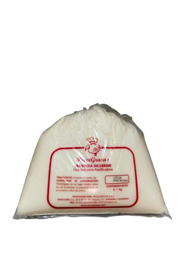 Manteca de cerdo industrial de 6 kilos. Ideal para panificación, frituras y alimentos procesados. Alta pureza y rendimiento térmico garantizado.
