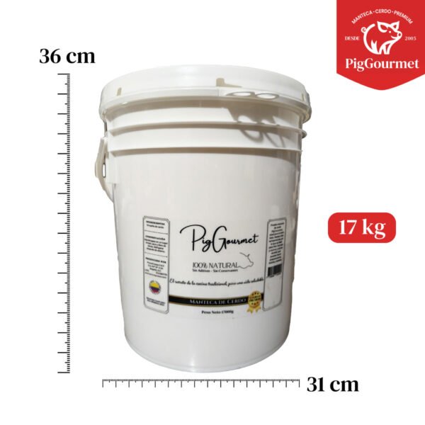 Manteca de cerdo 17 kilogramos. Presentación en tarro, medidas: alto 36cm ancho 31cm